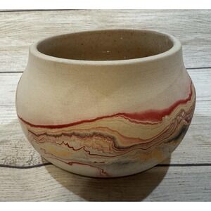 Nemadji Pottery Bowl Red Orange Yellow Black Swirl Decorative Collectible